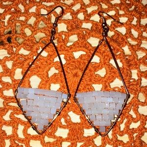 Artisan Hand Crafted White Mosaic Abalone Triangle Drop Earrings 3.5” EVENING